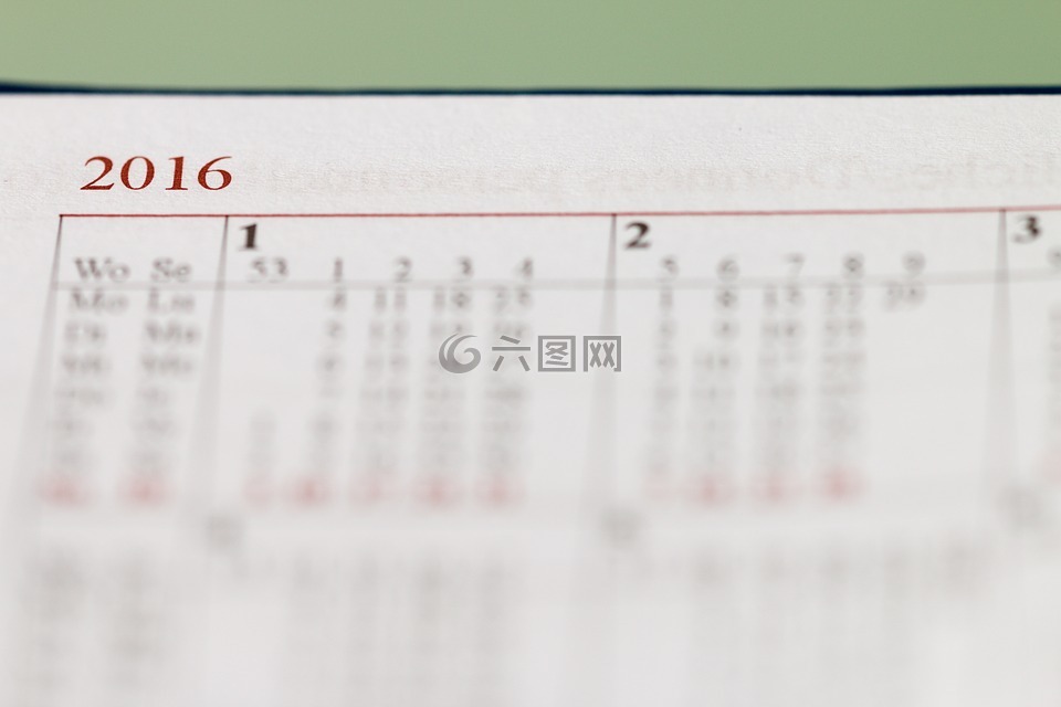 日历,一年,2016