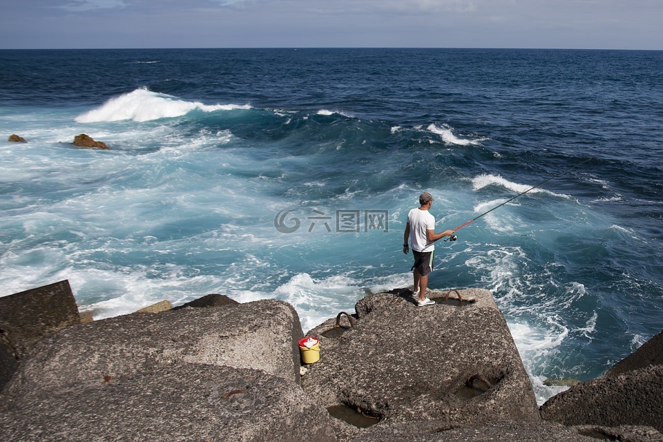 海,冲浪,钓鱼者