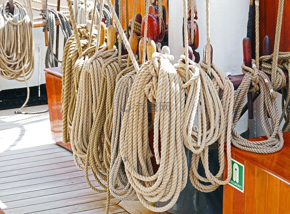 绳索,高大的船,帆布
