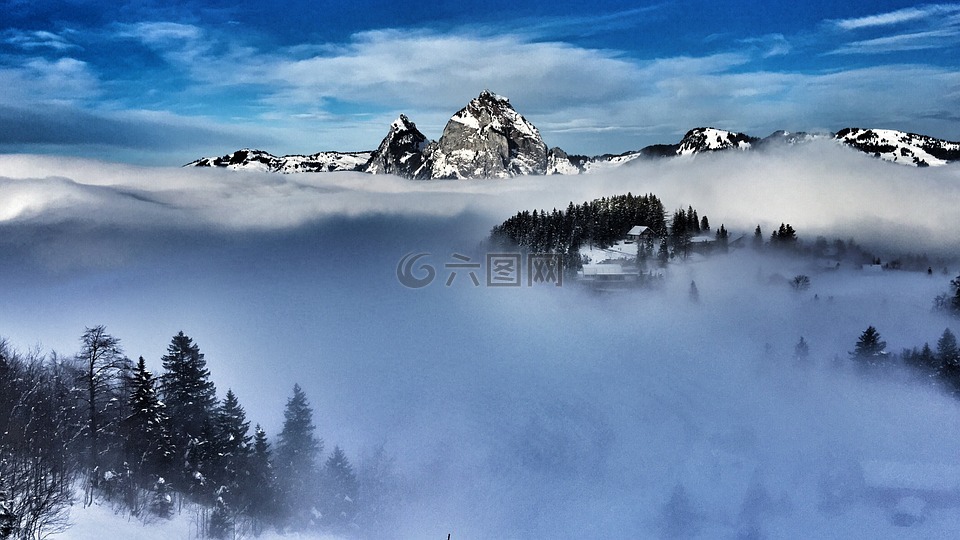 山,雾,雪