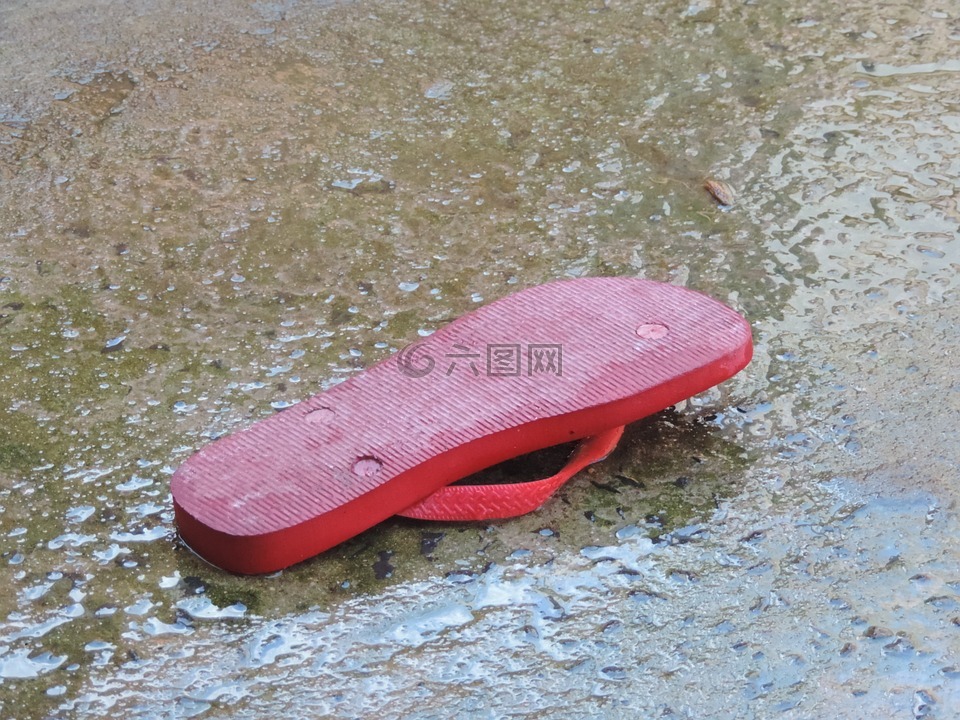拖鞋,湿的地板,红色拖鞋