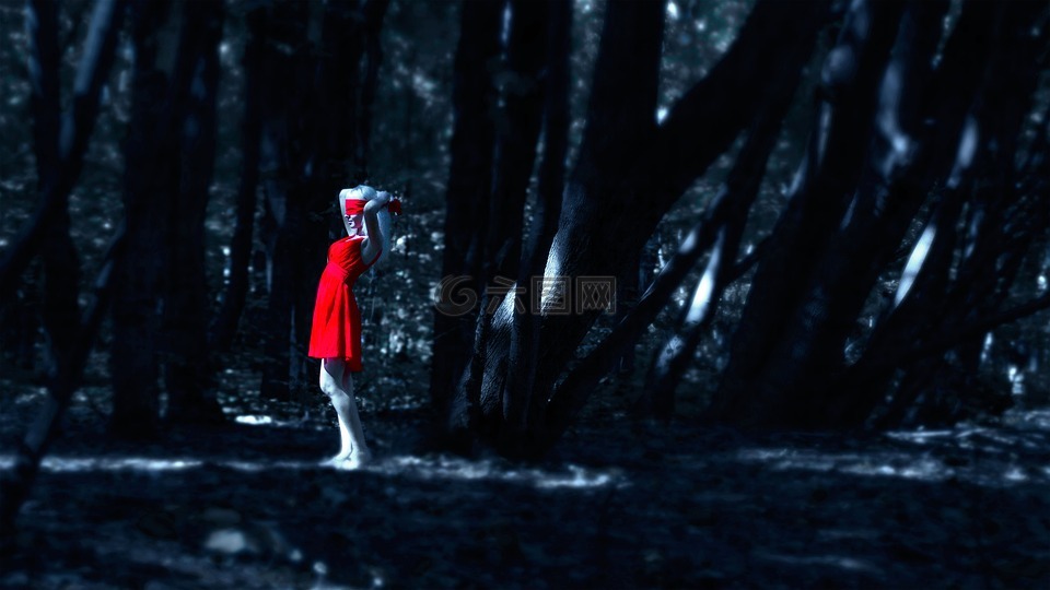 在森林里穿红色衣服的女孩,连衣裙,黑暗的森林
