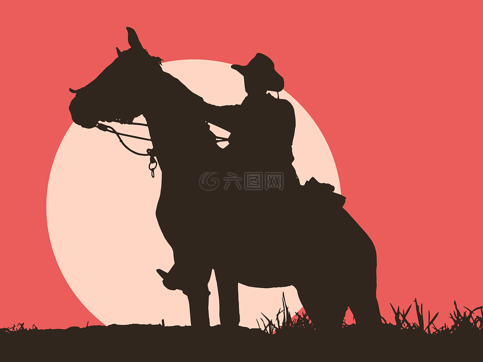 男子和马匹,日落,侧影