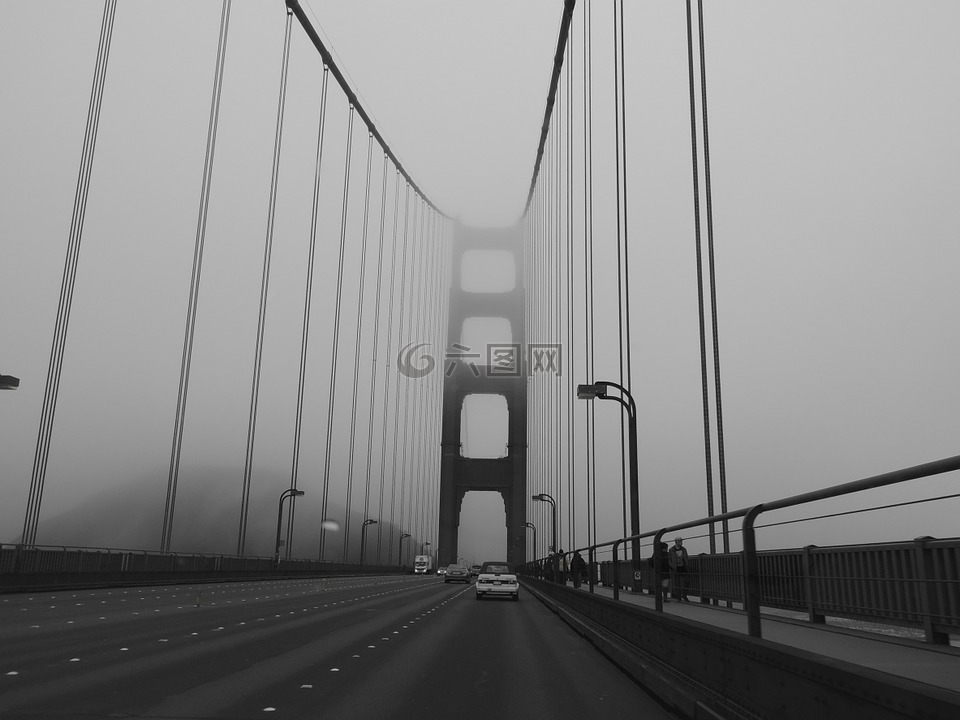 桥,有雾,黑色和白色