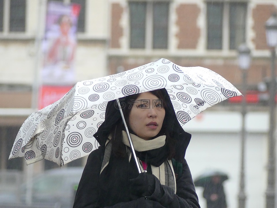 女孩,雨,白色的伞