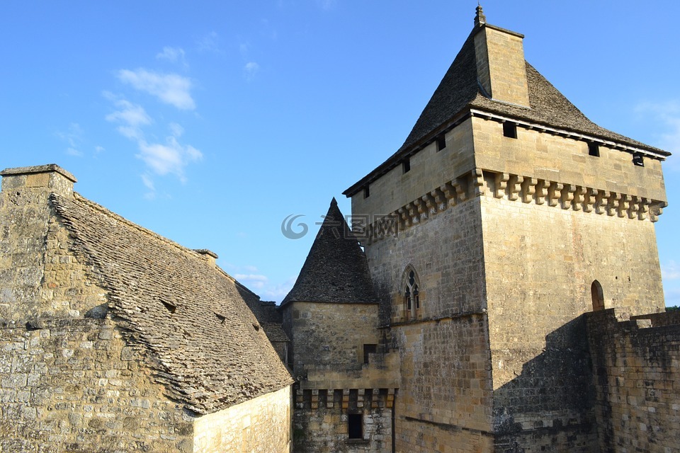 中世纪城堡,石墙,屋顶