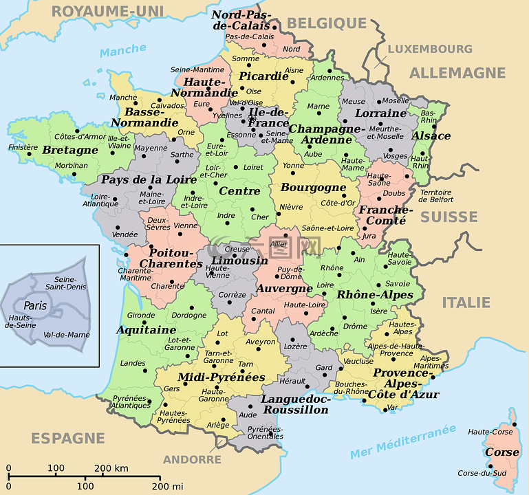 法国地图,翻译成法文,部门