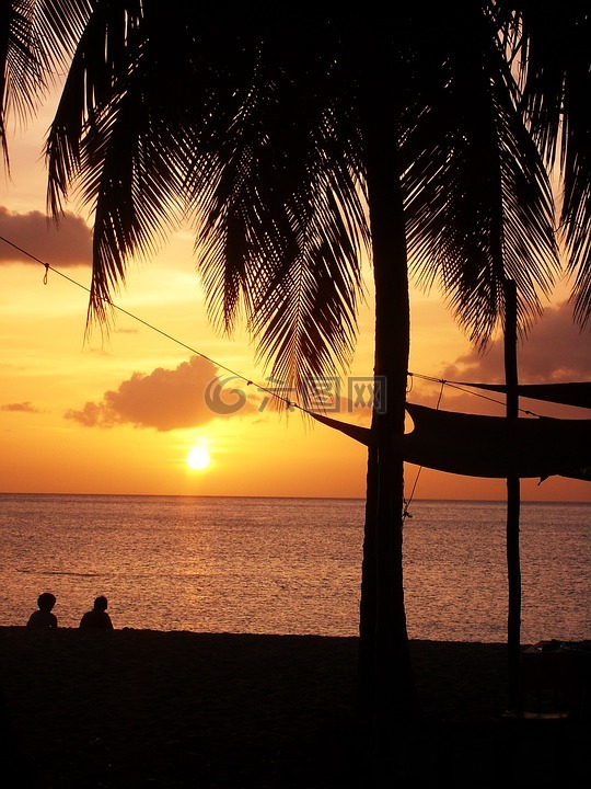日落,海滩,瓜德罗普岛