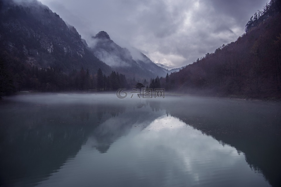 山,湖,薄雾