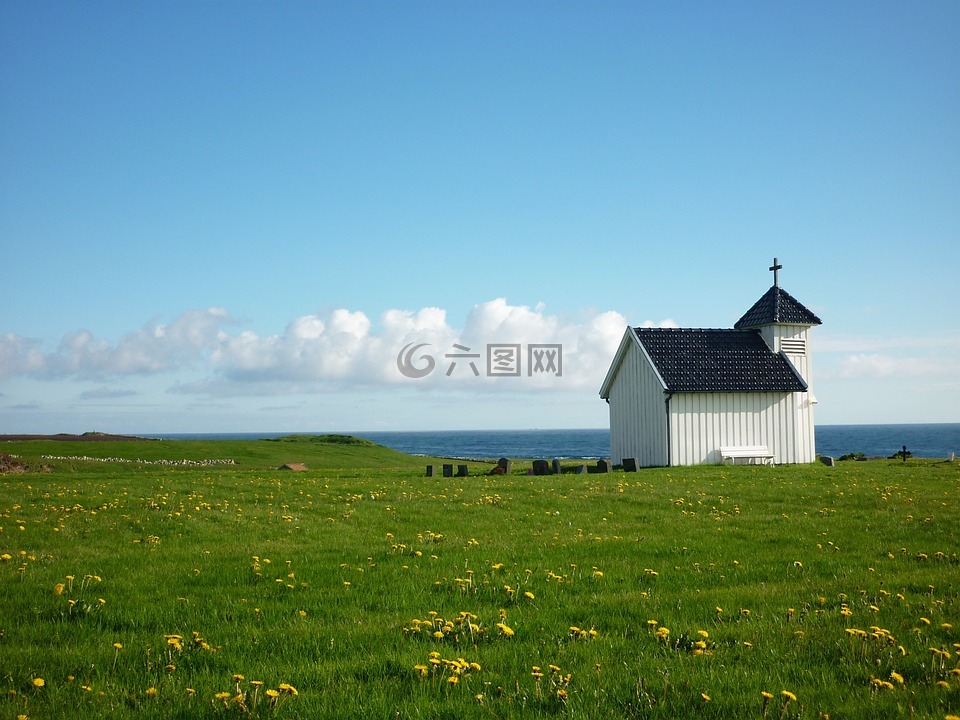挪威,小教堂,草地