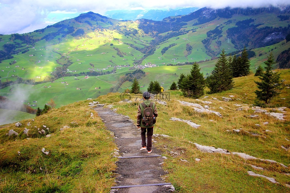 徒步旅行,人,瑞士阿尔卑斯山