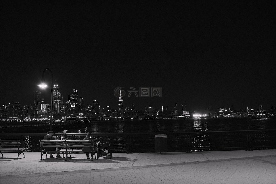 纽约城,天际线,夜