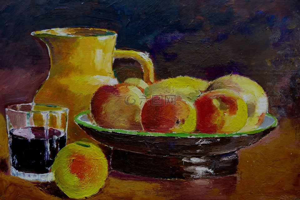 绘画,静物,碗里的水果