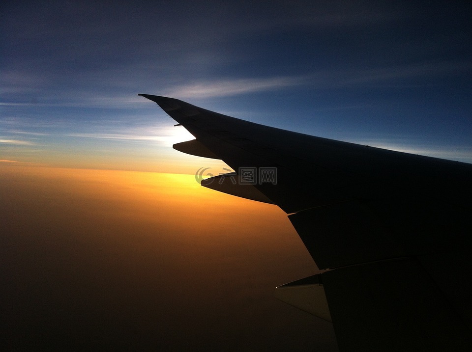 飞机,翼,日落