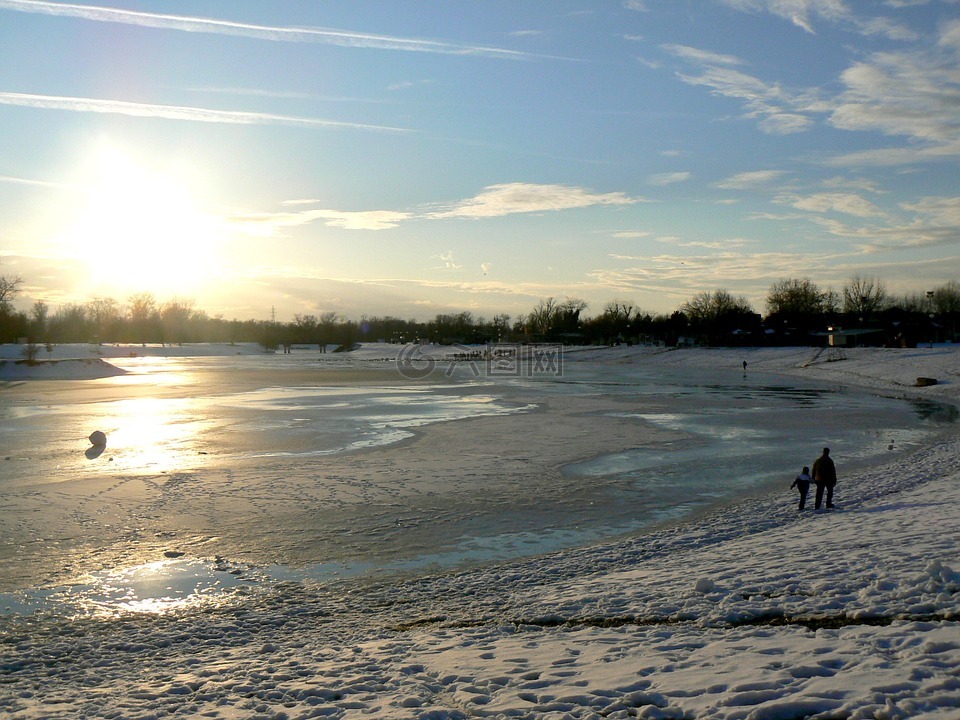 冻的湖,冬天,雪