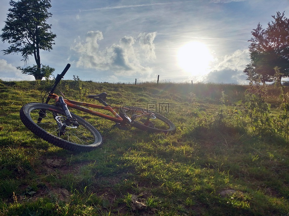 山地自行车,草原,日落