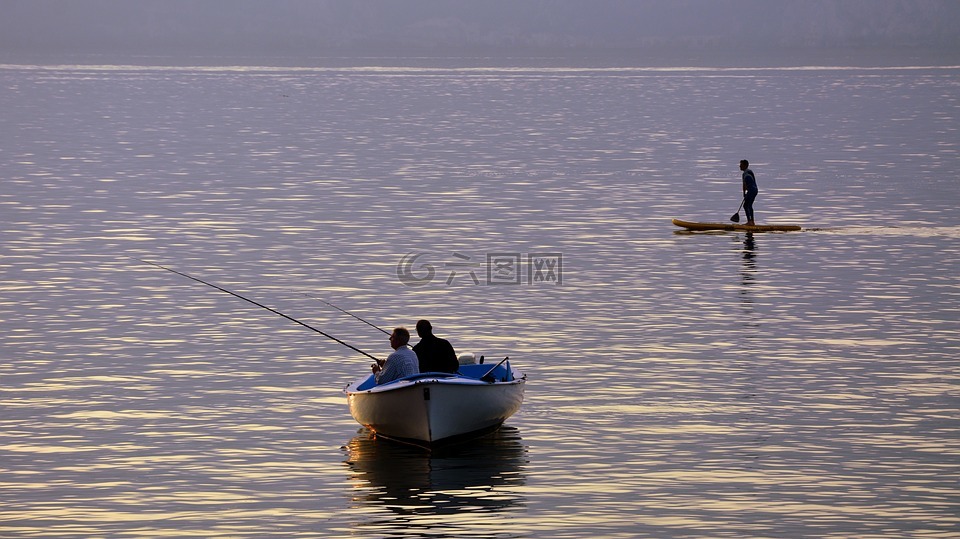 渔民,小船,湖