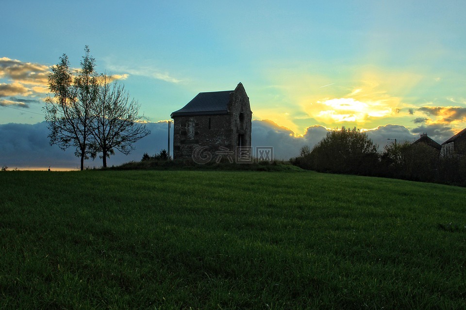教堂,日落,比利时