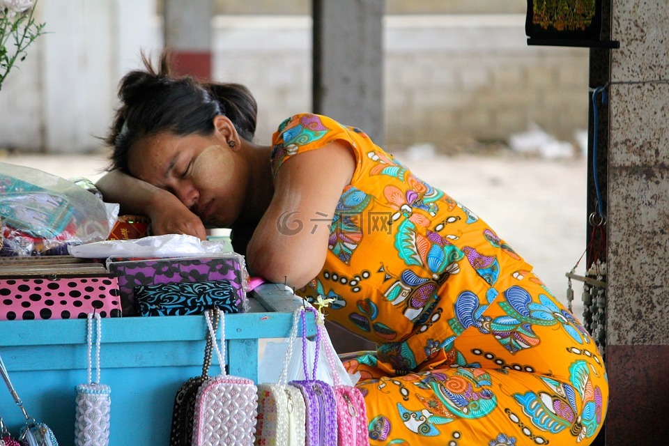 缅甸,女子,市场摊位