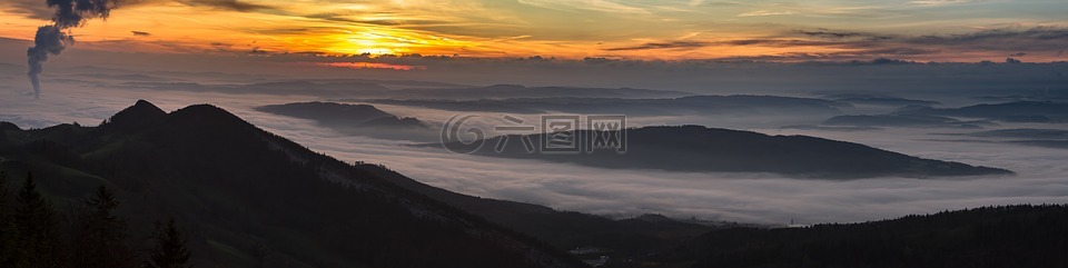 日出,雾,瑞士中部