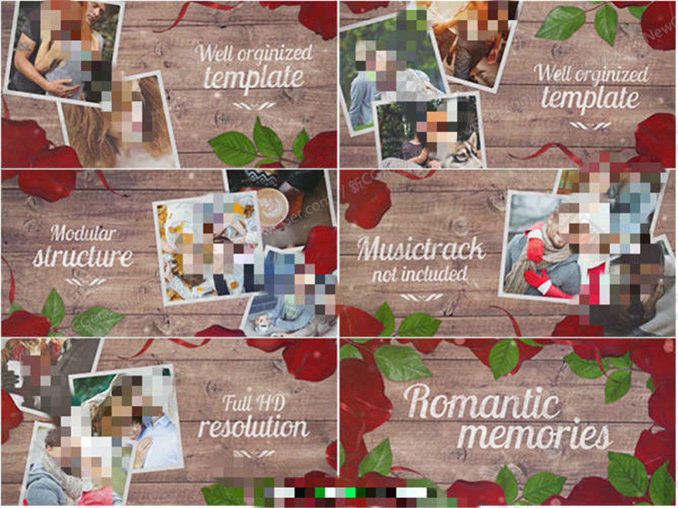 木板上被玫瑰花包围着的浪漫爱情回忆相册AE模板