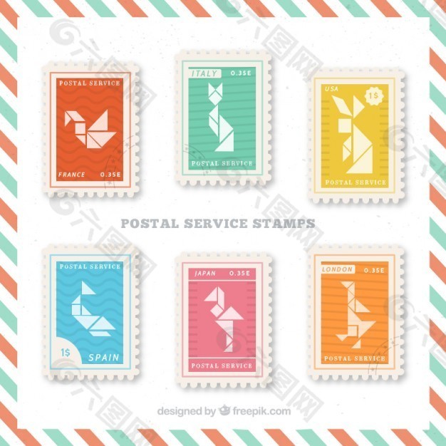 用折纸动物邮政邮票的形状