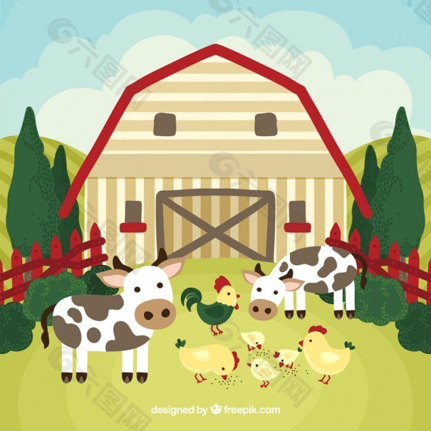 奶牛和母鸡的农场