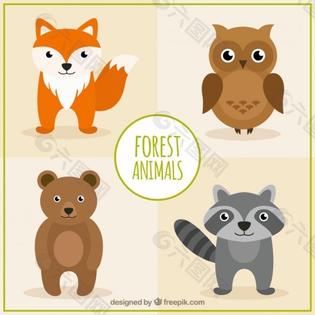 手工绘制的森林动物在平坦的风格