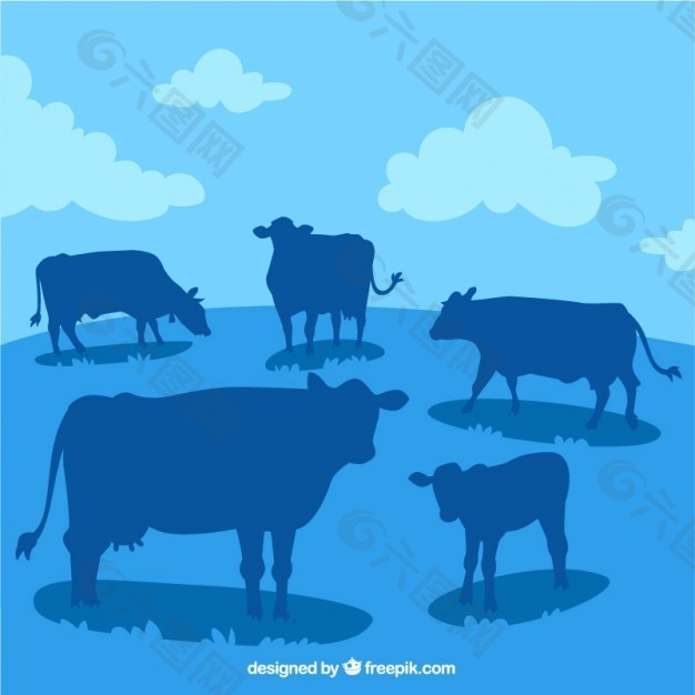 许多牛的轮廓景观