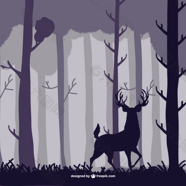 森林的树木和鹿的剪影