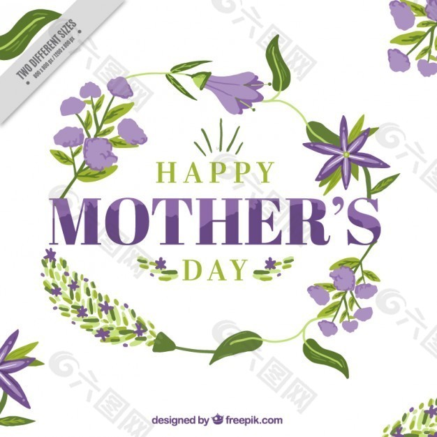 母亲节卡片上有紫色的花和树叶
