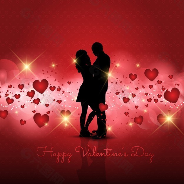 在情人节的背景，一对恩爱的夫妻的剪影