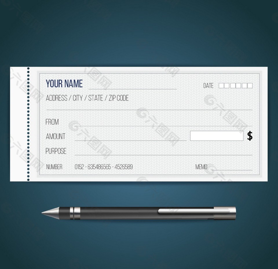 空白英文收据与签字笔矢量素材