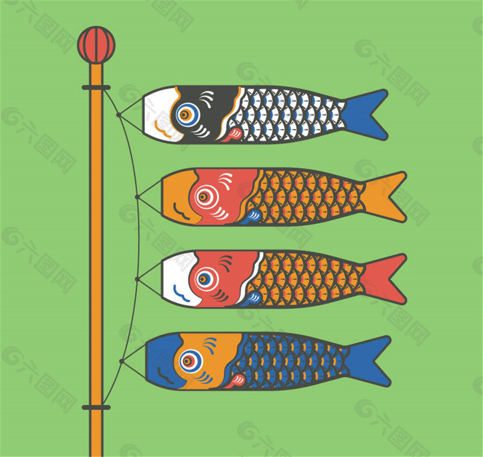 4个彩色日本鲤鱼旗矢量素材