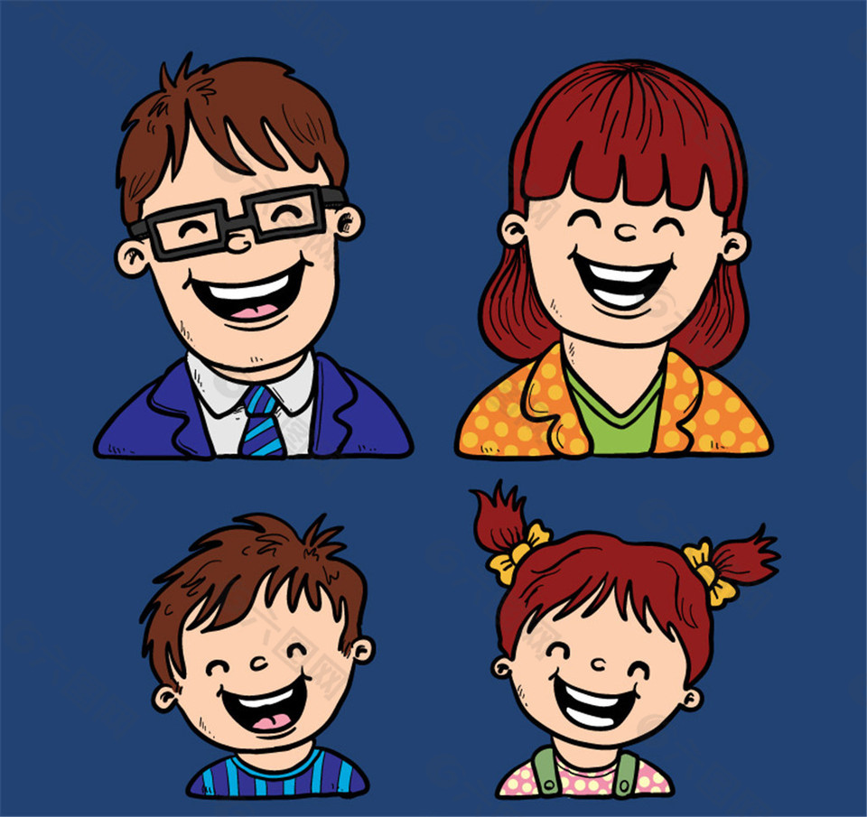 大笑的四口之家人物头像矢量图平面广告素材免费下载(图片编号