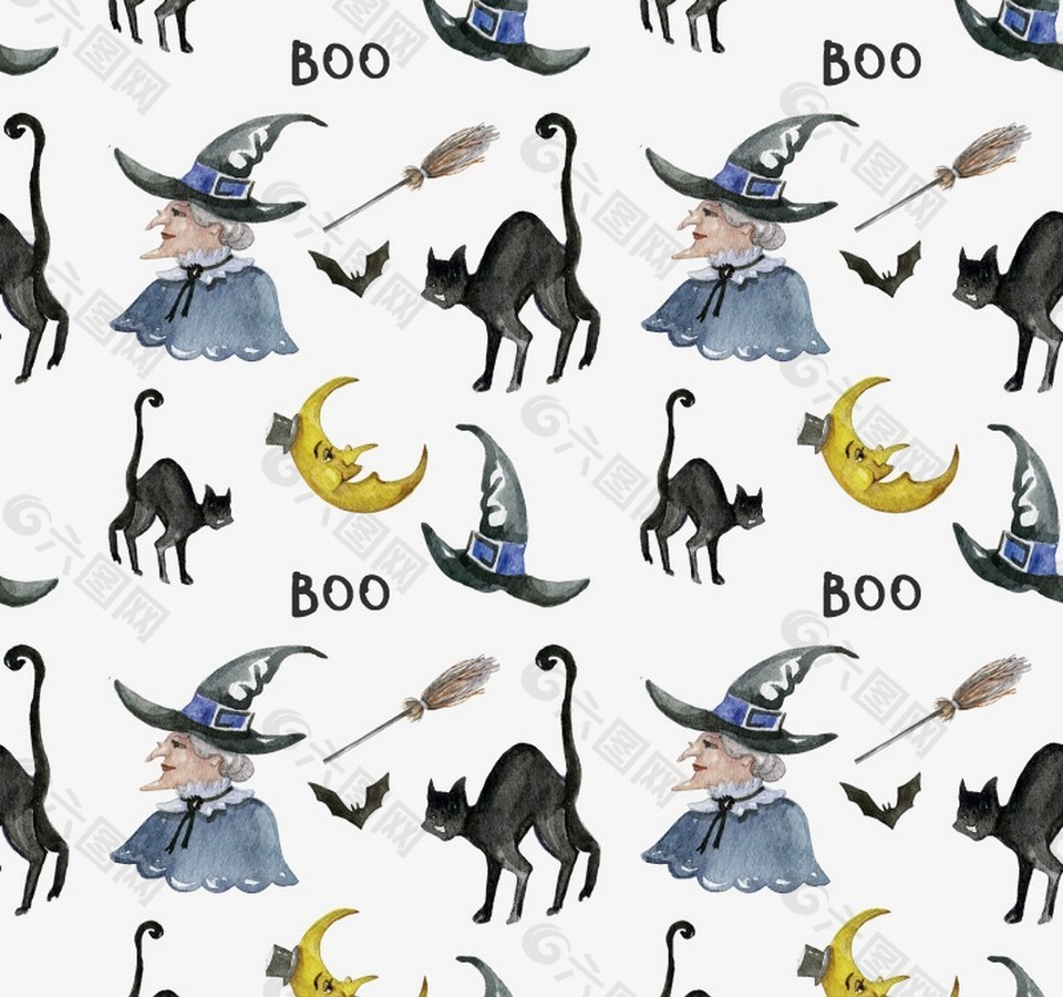 万圣巫婆和黑猫无缝背景矢量图