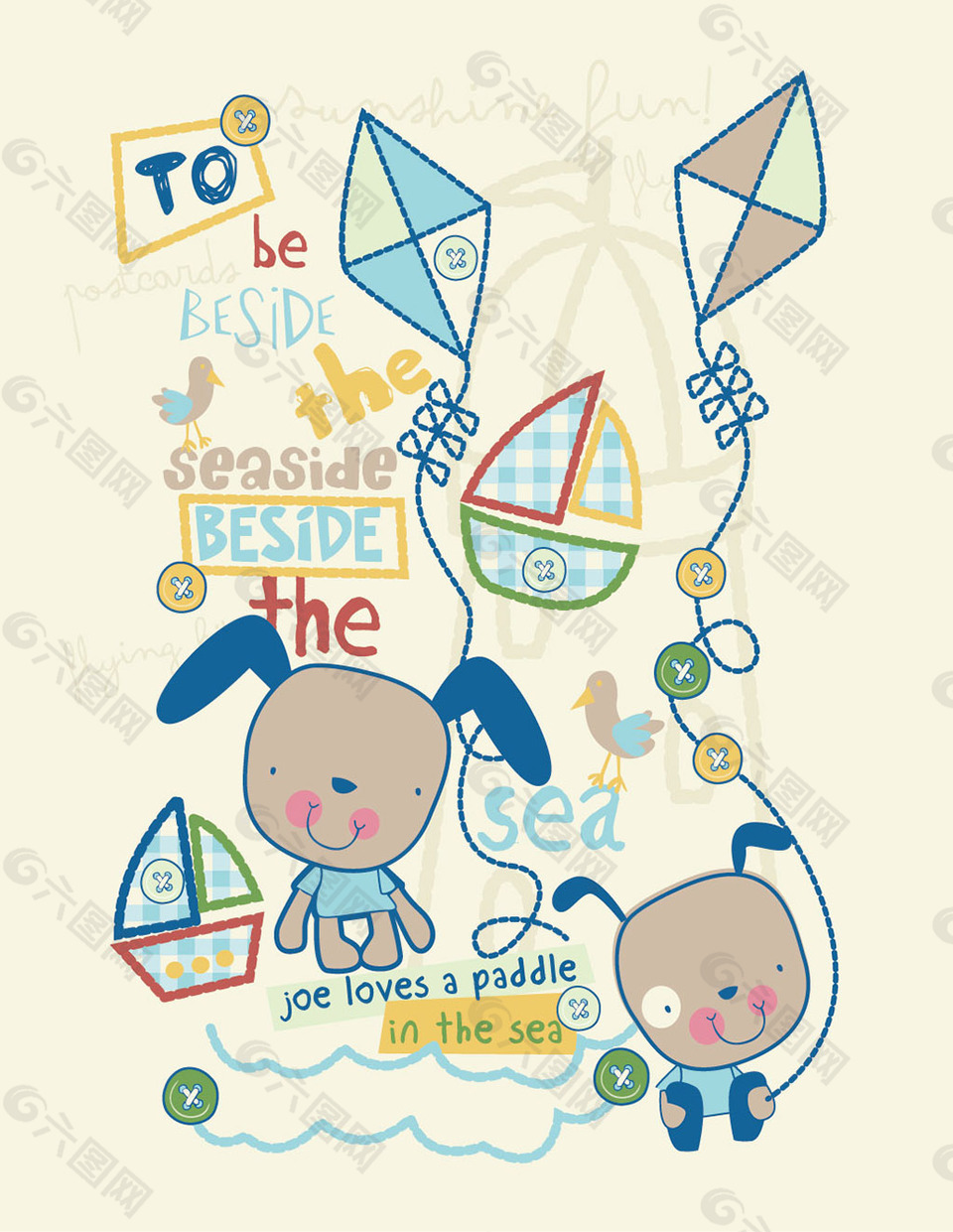 儿童卡通印花素材 小兔放风筝