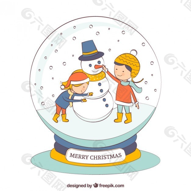 手绘的雪人和孩子们在一个水晶球