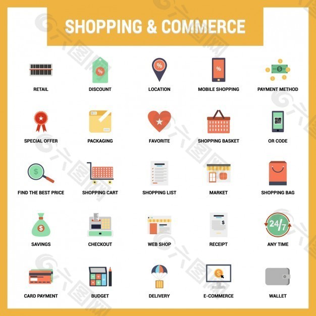 购物和商业平面图标集