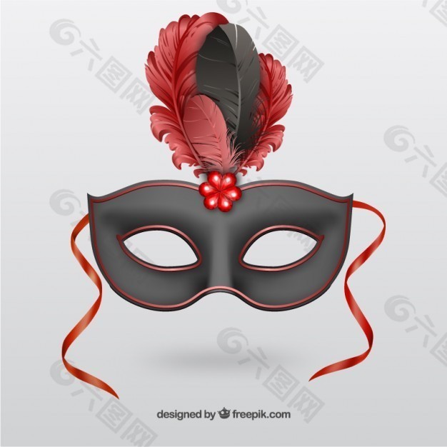 红色羽毛的黑色狂欢面具