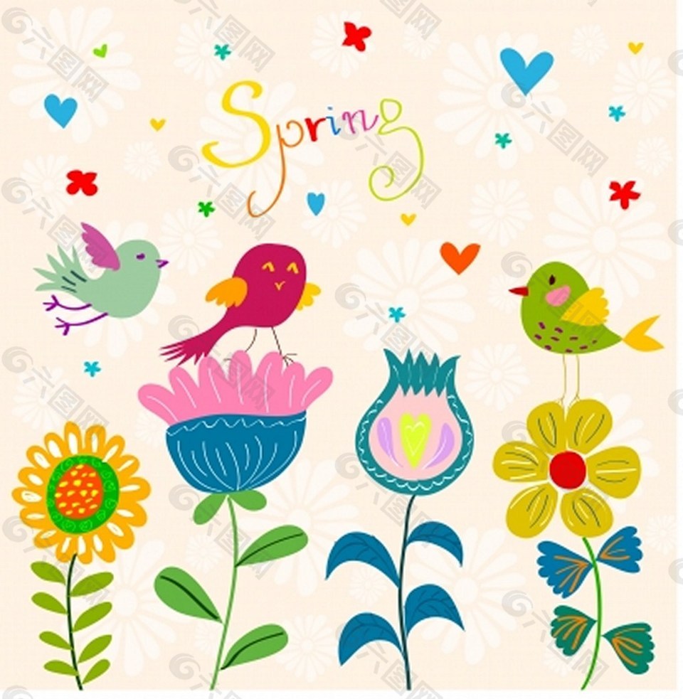 春天里的鲜花和鸟儿