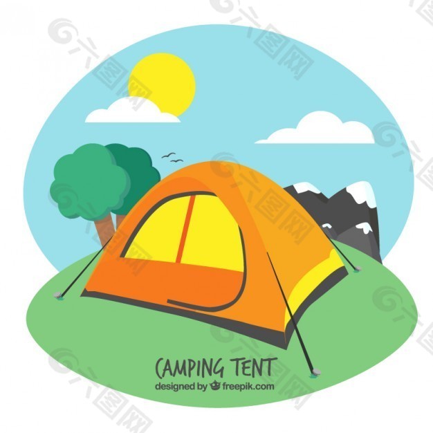在一个景观中的橙色野营帐篷
