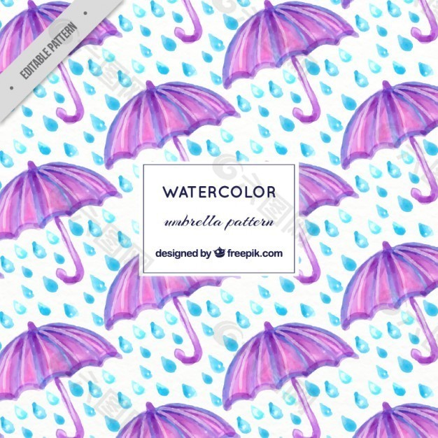 水彩紫色伞和雨图案