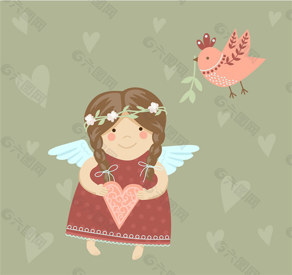 爱心天使小女孩和小鸟