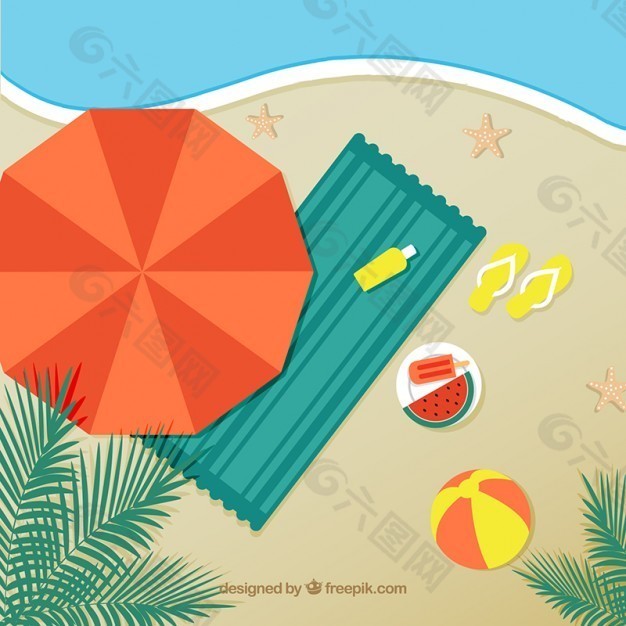 太阳伞和沙滩毛巾