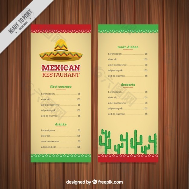 墨西哥食品菜单上的墨西哥帽子和仙人掌