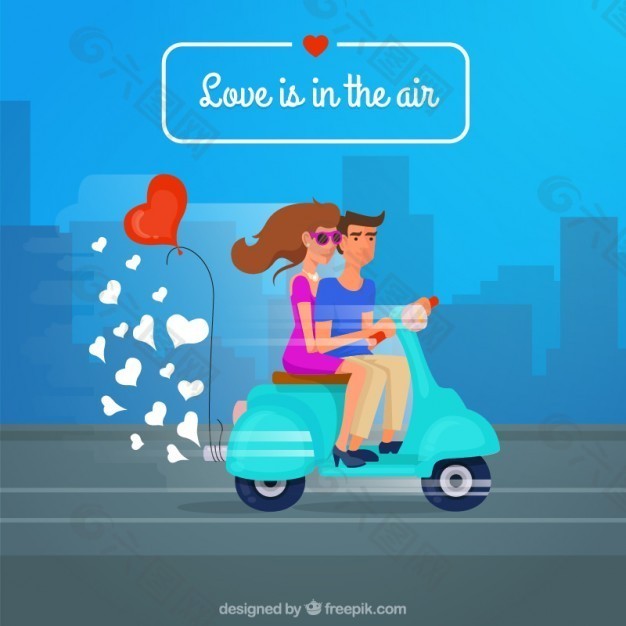 爱是在空气中，情侣骑着摩托车