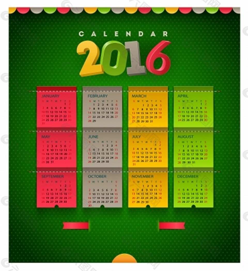 2016年绿色背景的日历模板
