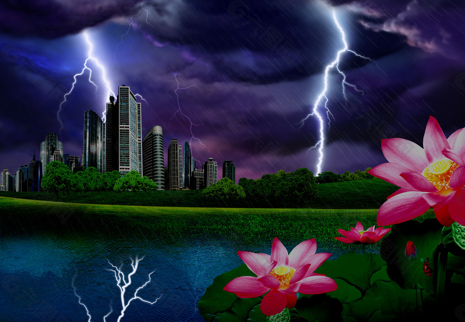 环保城市闪电雨夜图片