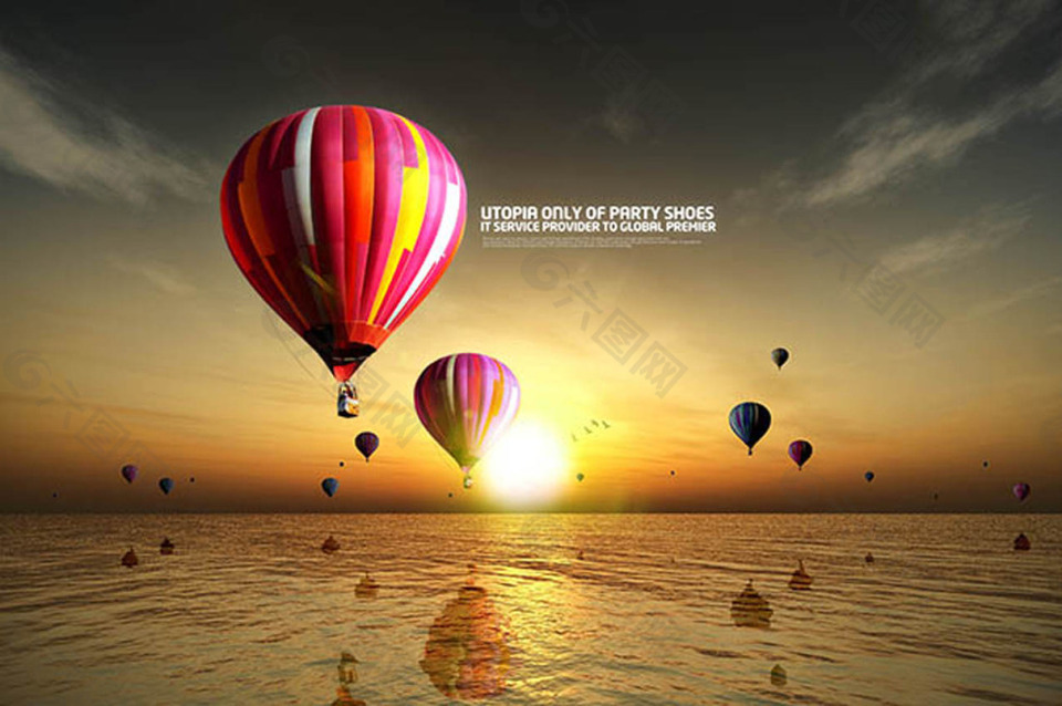 飞在海上的热气球图片psd素材